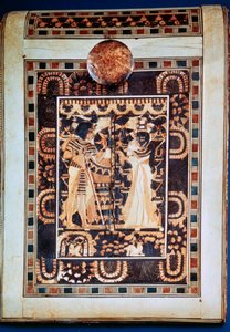 Deckel einer Truhe, die Tutanchamun und seine Frau Ankhesenamun in einem Garten zeigt, 14. Jahrhundert v. Chr. von Unbekannt