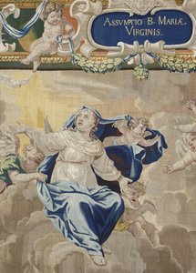 Leben der Jungfrau: „Die Himmelfahrt“ Detail Wandteppich aus Wolle und Seide hergestellt in der Werkstatt von Pierre Damour nach den Zeichnungen von Charles Poerson (1609-1667)