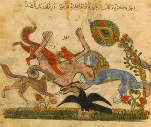 Löwe besiegt ein Kamel, Kalila Wo-Dimna, arabisch-spanisches Märchenbuch, 13. Jahrhundert