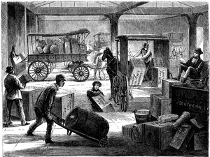 Beladung von pferdegezogenen Wagen am Wells Fargo Hauptbüro, New York, USA, 1875