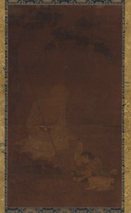 Lohan sitzt, ein Diener kniet vor ihm, Yuan- oder Ming-Dynastie, 1279-1644