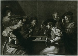 Laute, Geige und schwarzer gebogener Zink, italienischer Stich aus dem Jahr 1784 von Unbekannt