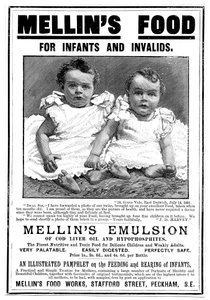 Werbeanzeige für Mellins Emulsion, ein Nahrungsergänzungsmittel auf Basis von Lebertran, um 1890 von Unbekannt