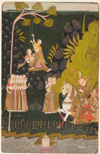 Maharaja Abhai Singh, Reiter, beobachtet Mädchen beim Schaukeln auf dem Teej-Festival, ca. 1740 von Unbekannt