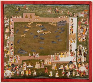 Maharaja Sangram Singh und sein Hof beobachten einen Kampf zwischen Tigern und Wildschweinen in Sadri, um 1720