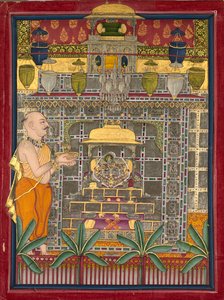 Maharao Kishor Singh als Vallabha-Priester verkleidet, Krishna als Brijrajji verehrend, Mitte 1800er Jahre von Unbekannt