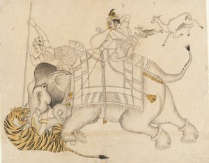 Maharao Shatru Sal II jagt einen Tiger, ca. 1866-89 von Unbekannt