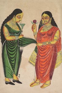 Magd bringt einer Dame eine Wasserpfeife recto, Krishna gegen wertvolle Gegenstände gewogen verso, 180