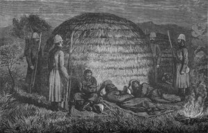Major Marter und seine Männer bewachen Cetewayo im einheimischen Kraal, ca. 1880