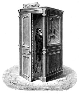 Telefonieren aus einer Telefonzelle, 1888