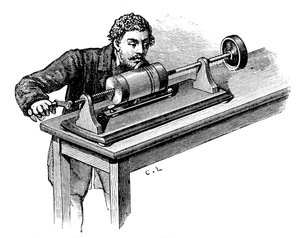 Aufnahme mit dem ersten Modell von Thomas Edisons Phonograph, ca. 1878