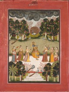 Malar Ragini: Krishna spielt die Flöte für sieben Gopis, die Musikinstrumente halten..., um 1760