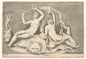 Mann, der zwei Flöten spielt, und Frau auf Löwenfell, veröffentlicht ca. 1599-1622 von Unbekannt