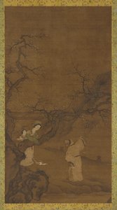 Mann und Frau genießen Pflaumenblüten, Ming- oder Qing-Dynastie