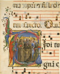 Manuskript-Illumination mit allen Heiligen in einem Initial V, aus einem Antiphonar, Italien, 1450-60 von Unbekannt