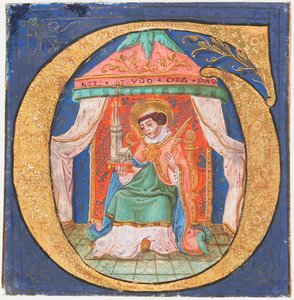 Manuskriptillumination mit St. Trudo Trond in einem Initial O, aus einem Chorbuch, 15. Jahrhundert