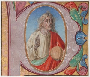 Manuskript-Illumination mit Salvator Mundi in einem Initial P, aus einem Chorbuch, frühes 16. Jahrhundert
