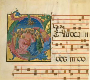 Manuskriptillumination mit der Himmelfahrt der Jungfrau in einer Initiale G..., italienisch, 1450-60 von Unbekannt