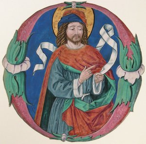 Manuskript-Illumination mit der Figur eines Heiligen in einem Initial O, ca. 1480 von Unbekannt