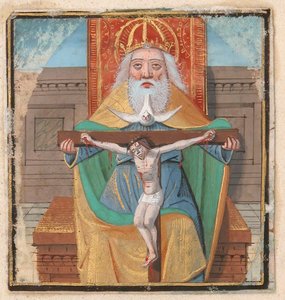 Manuskript-Illumination mit der Dreifaltigkeit, aus einem Stundenbuch, spätes 15. Jahrhundert