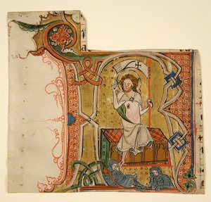 Manuskriptblatt mit einer illuminierten Initiale R und der Auferstehung, spätes 13. Jahrhundert von Unbekannt