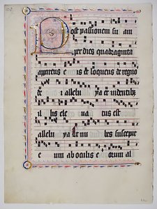 Manuskriptblatt mit Initiale P, aus einem Antiphonar, deutsch, zweites Viertel des 15. Jahrhunderts