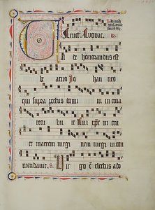 Manuskriptblatt mit Initiale V, aus einem Antiphonar, deutsch, zweites Viertel des 15. Jahrhunderts