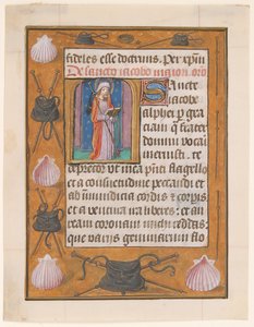 Manuskriptblatt mit dem Heiligen Jakobus dem Älteren, aus einem Stundenbuch, ca. 1500 von Unbekannt