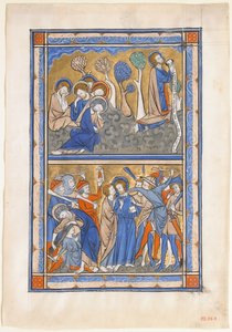 Manuskriptblatt mit der Agonie im Garten und dem Verrat Christi, aus einem königlichen Psalter, ca. 1270