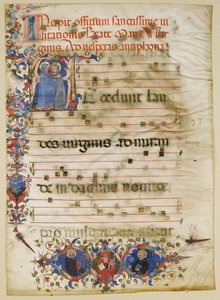 Manuskriptblatt mit der Heimsuchung in einem Initial A und Kardinal Adam Easton..., italienisch, ca. 1400 von Unbekannt