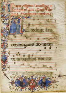 Manuskriptblatt mit der Heimsuchung in einem Initial A und Kardinal Adam Easton..., um 1400