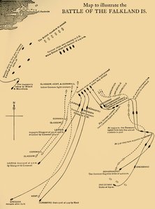 Karte zur Veranschaulichung der Schlacht um die Falklandinseln am 8. Dezember 1914, ca. 1920 von Unbekannt