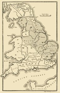 Karte von England, zeigt angelsächsische Königreiche und dänische Bezirke, 9. Jahrhundert