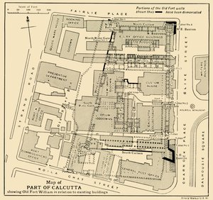 Karte eines Teils von Kalkutta mit dem alten Fort William im Verhältnis zu bestehenden Gebäuden, 1925 von Unbekannt
