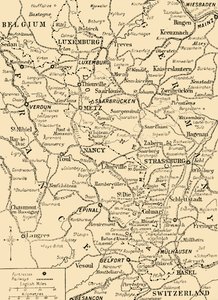 Karte, die die Grenze zwischen Frankreich und Deutschland zeigt, Erster Weltkrieg, ca. 1915, ca. 1920