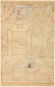 Meister und Schüler in einem Gartenpavillon, Einzelblatt-Illustration, um 1570-1590er Jahre
