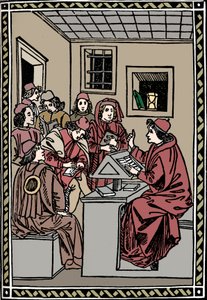 Meister mit seinen Schülern. Christoforo Landino, 1492, 1917 von Unbekannt