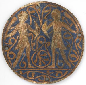 Medaille mit zwei jungen Kriegern mit Falchions und Bucklern, französisch, ca. 1240-60