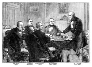 Treffen der Schiedsrichter zu den Alabama-Ansprüchen in Genf, 1871, späte 19. Jahrhundert