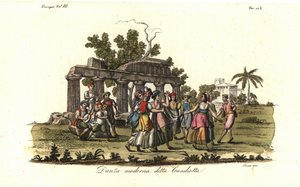 Männer und Frauen tanzen den modernen Candiota- oder Candiotta-Tanz, beliebt auf der Insel Kreta im 18. Jahrhundert von Unbekannt
