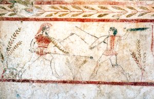 Männer kämpfen mit Speeren, Paestum, 4. Jahrhundert v. Chr.