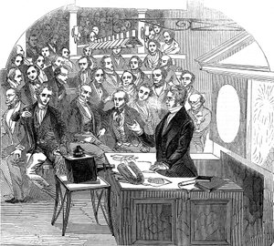 Michael Faraday hält einen Vortrag über Elektrizität und Magnetismus, Royal Institution, London, 1846
