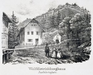 Salzmine: Das Wolfdietrich-Gebäude und der Ausgang der Mine in Durrnberg, Österreich von Unbekannt