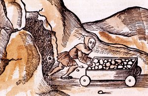 Bergmann schiebt einen Wagen aus einem Mineneingang, 1508