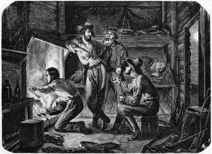 Bergleute in den kalifornischen Goldfeldern entspannen sich nachts in ihrer Blockhütte, 1853 von Unbekannt