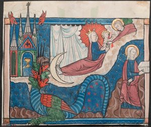Miniatur aus einem Manuskript der Apokalypse: Die Frau, bekleidet mit der Sonne, ca. 1295