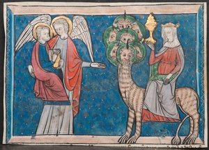 Miniatur aus einem Manuskript der Apokalypse: Die Frau auf dem scharlachroten Tier, ca. 1295