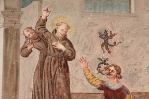 Kloster von Saorge, Fresko aus dem 18. Jahrhundert, das das Leben des Heiligen Franz von Assisi darstellt, Saorge, Frankreich von Unbekannt