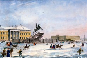 Denkmal von Peter dem Großen auf dem Senatsplatz von St. Petersburg, Russland, Winter, 1822