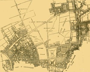 Moorfields und seine Umgebung von einer Karte um 1720, ca. 1872
